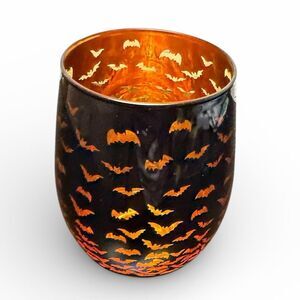 Wine Glass Halloween Two Tone Stemless Wine Glass Bat Orange Black Decor FC5